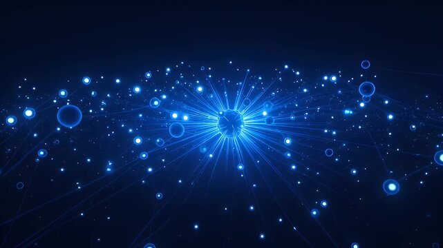glowing interconnected nodes radiate outward in a futuristic network on dark background
