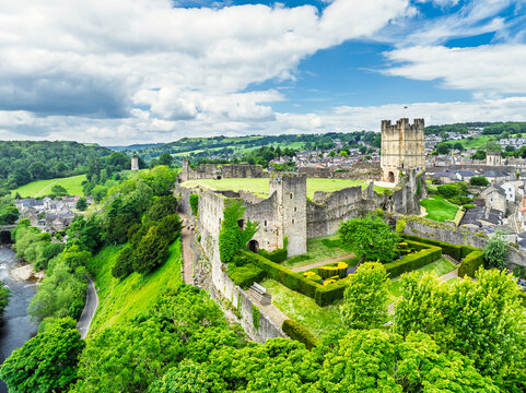 Richmond Castle from a drone, Yorkshire Dales, North Yorkshire, England
