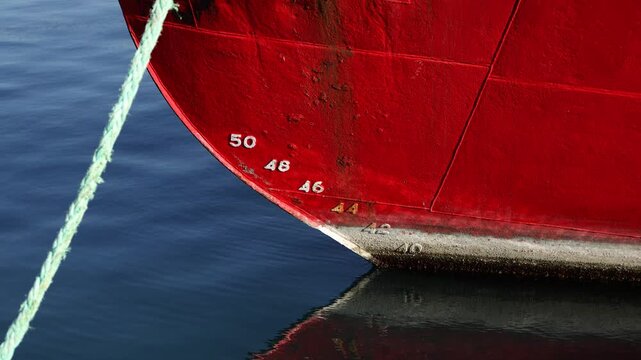 Close-up of a red ship's bow with draft marks in the water, maritime industry concept.