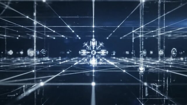 Abstract digital network grid with glowing lines and nodes in a futuristic technological concept