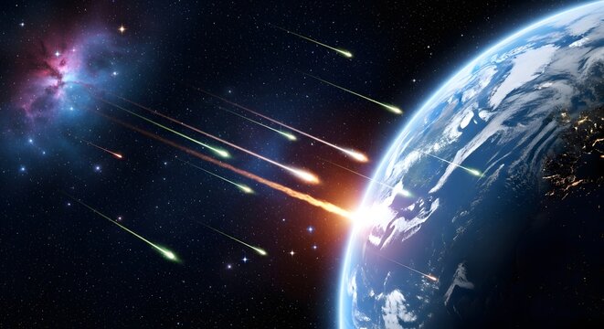 Meteors streaking past earth against a cosmic nebula backdrop