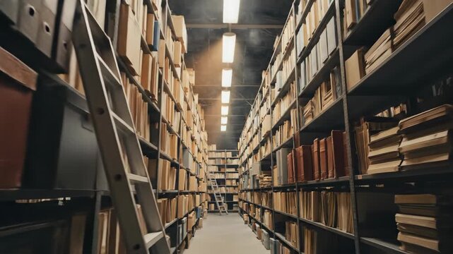Archive with old document files on shelves in library room. Storage organization for historical data and paper record management in public records office interior.