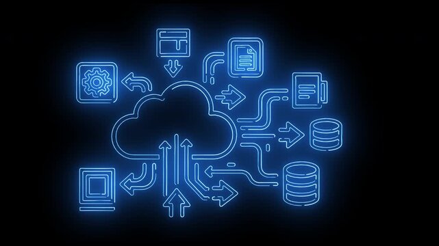 Neon-lit blue cloud computing concept with various devices and data storage icons on a dark background.