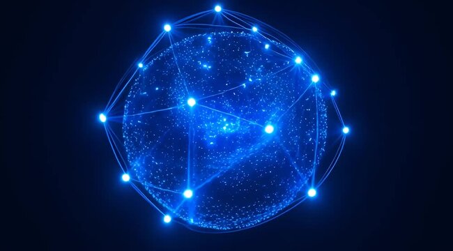 Abstract blue network sphere with glowing nodes and connecting lines in space