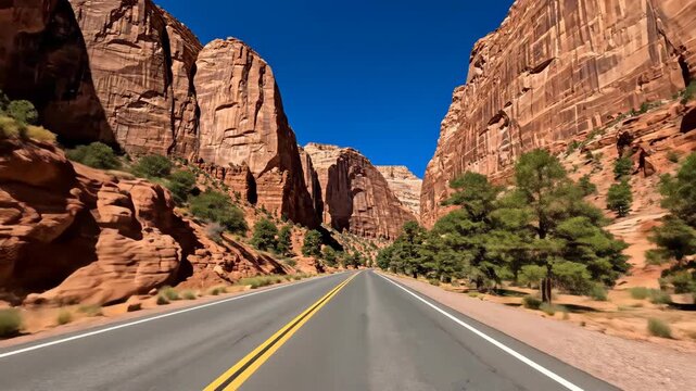 Asphalt road winding through canyon with rock formation and pine tree. Travel journey along mountain highway under blue sky. Scenic view for nature road trip.