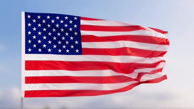 American flag waving proudly in the wind against a bright blue sky