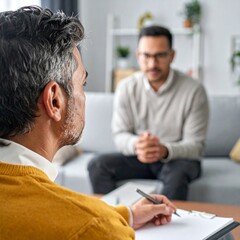 Therapist listens intently to male patient during counseling session.