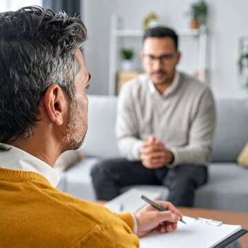 Therapist listens intently to male patient during counseling session.