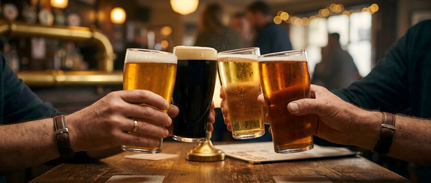 Group of friends clinking glasses of stout, ale, and lager in a cozy rustic pub, cheers celebration concept, St. Patrick's Day social gathering, wide panoramic banner