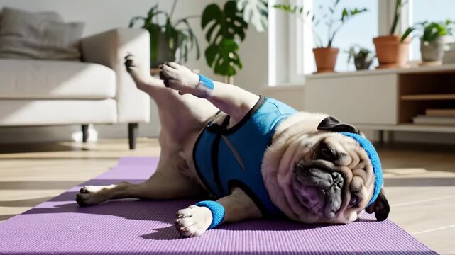Pug wearing a blue fitness shirt is doing yoga on a purple mat. Cute dog active lifestyle. Funny pet exercising in the living room for health and wellness goal.