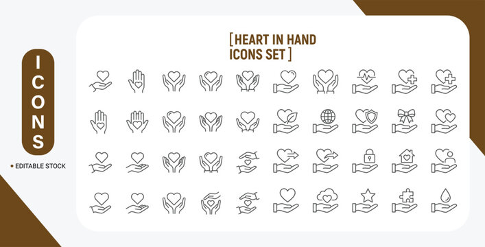 Hands Holding Heart Icon Set. Love and Healthcare Symbol Collection with Caring Hands in Flat and Line Style. Vector Illustration.
