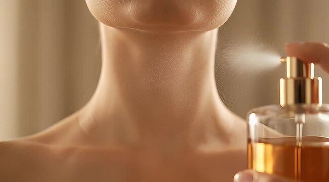 Woman applying perfume, elegant fragrance spray, beauty and self-care ritual, luxury scent, close-up neck and bottle
