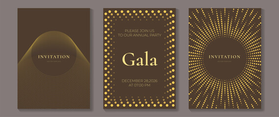 Premium gala invitation card set vector. Golden line patterns on dark brown background with minimal typography and elegant event template designs. © TWINS DESIGN STUDIO