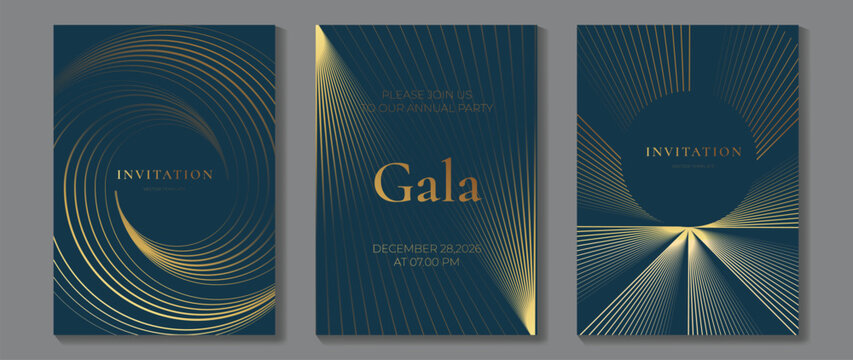 Luxury gala invitation card set vector. Elegant gold line art on dark teal background with geometric waves, minimal layout, and premium event design templates.