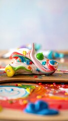 Fototapeta premium Colorful Abstract Sculpture on a Wooden Surface with Blurred Background.