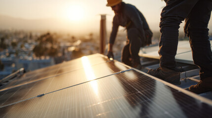 Solar Panel technicians wearing protective gear.