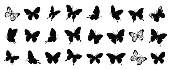 Butterfly Silhouette Vector Set with Moths and Flying Insects, Hand Drawn Black Wing Shapes in Different Styles, Minimal Insect Illustration Collection for Logo Design, Stickers, Icons and Y2K Cover  © Raxzen