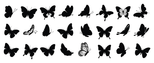 Butterfly Silhouette Vector Set with Moths and Flying Insects, Hand Drawn Black Wing Shapes in Different Styles, Minimal Insect Illustration Collection for Logo Design, Stickers, Icons and Y2K Cover  © Raxzen