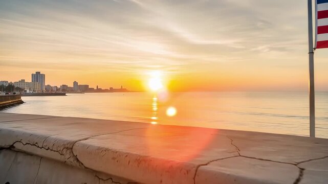 American flag flying over the Havana malecon coast at sunrise as a symbol of transition and hope of Cuba. Geopolitical shift and diplomatic relations between nations.