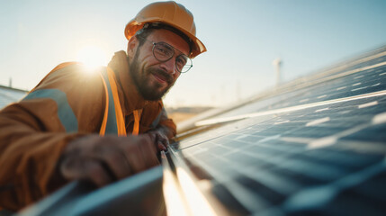 Solar Panel technician in a protective helmet