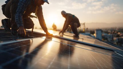 Engineers Installing Solar Panels on Residential House Roof