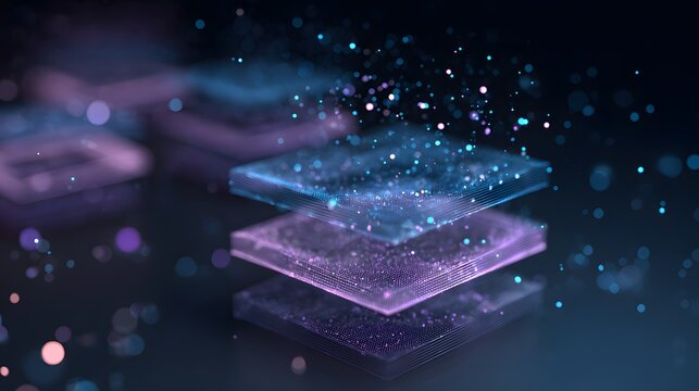 A futuristic digital illustration of glowing purple and blue layers