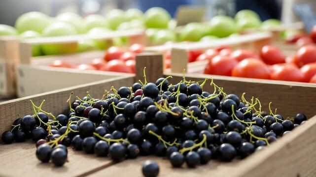 Fresh blackcurrants displayed in wooden crates at market stall  