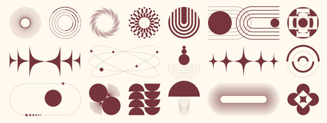Fototapeta na wymiar Luxury abstract line element set vector. Burgundy minimal geometric symbols, circles, waves, stars, and modern decorative shapes collection for branding, poster, and invitation design.