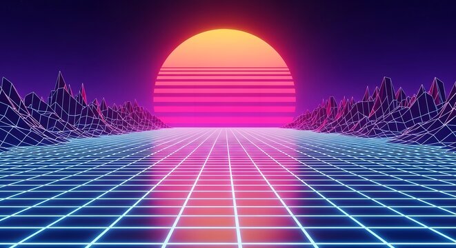 Retro Futuristic Sunset Over Digital Landscape.
