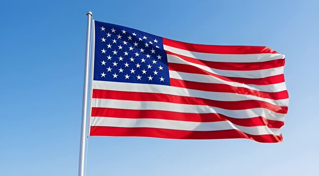 A vibrant United States flag waving proudly against a bright blue sky backdrop