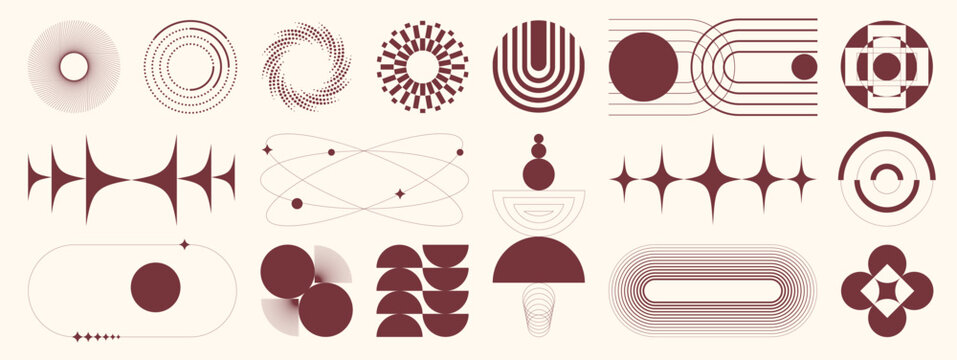 Luxury abstract line element set vector. Burgundy minimal geometric symbols, circles, waves, stars, and modern decorative shapes collection for branding, poster, and invitation design.
