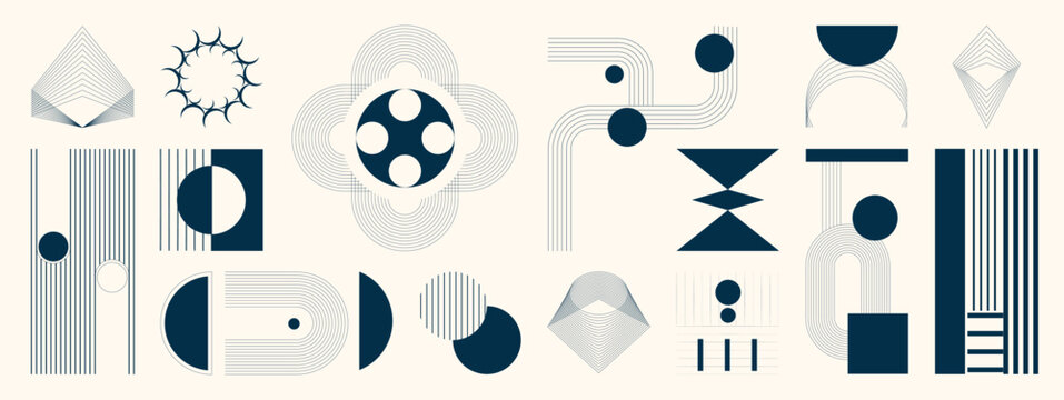 Mid century modern geometric element set vector. Minimal blue abstract shapes, lines, arches, circles, and retro symbols collection for poster, branding, and design.