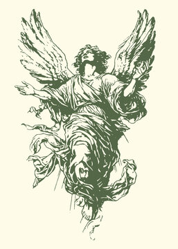 Vintage style religious illustration of a dramatic winged angel ascending towards the heavens with flowing robes and expressive gestures
