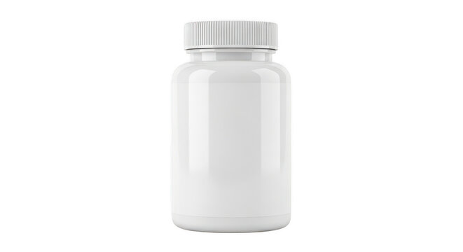 Empty plastic pill bottle standing upright against a plain background isolated on transparent background,png
