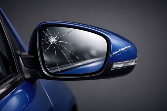 Besch&auml;digter Au&szlig;enspiegel an einem blauen Auto. Zersprungenes Glas und Kratzer am Lack nach einem Parkunfall. Konzept f&uuml;r Kfz-Versicherung, Reparatur und Vandalismus