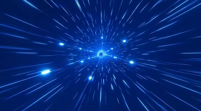 A digital illustration of a bright blue wormhole or hyperspace tunnel effect