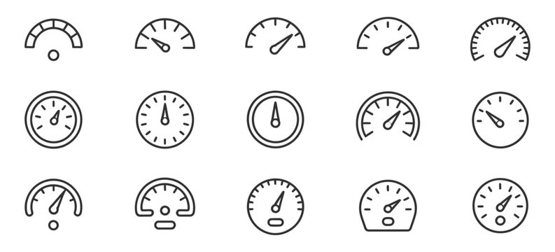 Speedometer Icon Set with Gauge, Dashboard and Tachometer Indicators, Editable Stroke Line Vector Icons Featuring Speed Scale and Arrow Pointer for Car Dashboard, Performance Meter UI