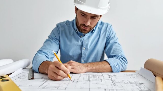 Professional male engineer in a hard hat focused on drawing architectural plans with a pencil at a desk against a white background