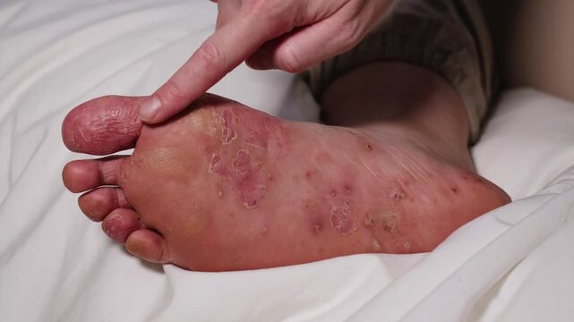 Woman showing her damaged sole. Red wounds on female skin after several confluent blisters of eczema. Acute psoriasis, chemical irritation, allergic reaction, dermatological disease on female foot.