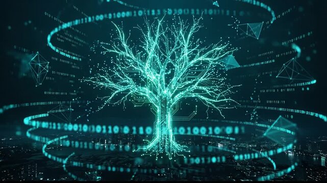 Holographic green tree surrounded by binary code rings in cyber city
