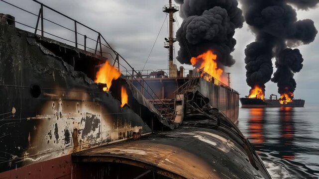 Oil tanker burning  after military attack. Warship and maritime conflict showing fuel explosion and smoke plume. Geopolitical crisis at sea.