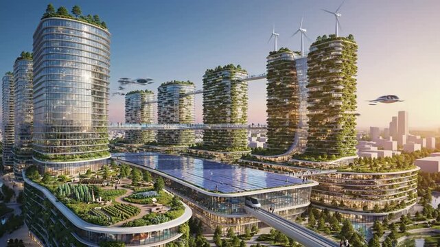 Modern Eco City with Solar Panels and Green Roofs Showcasing Sustainable Future Living