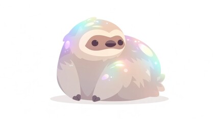 Fototapeta premium Cute 3D rendered sloth character with a soft puffy body and shimmering holographic fur in pastel brown and rainbow tones.