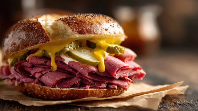 Delicious toasted poppy seed bagel filled with thick layers of pink salt beef, melted mustard, and sliced gherkins on brown paper.