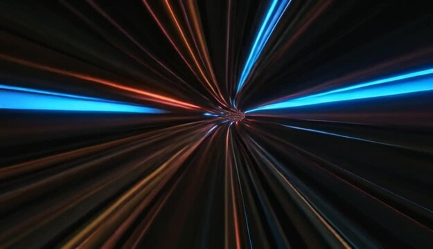 Futuristic hyper-speed light tunnel motion graphic with neon glowing lines in a cosmic wormhole.