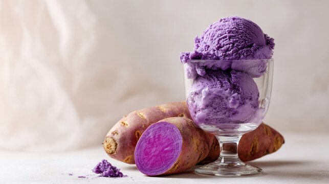 Vibrant purple ube ice cream scoops in a chilled glass cup served with whole and sliced purple yams on a white textured background.