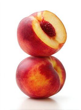 Two fresh nectarines stacked on a white background, one whole and one cut in half revealing the pit.