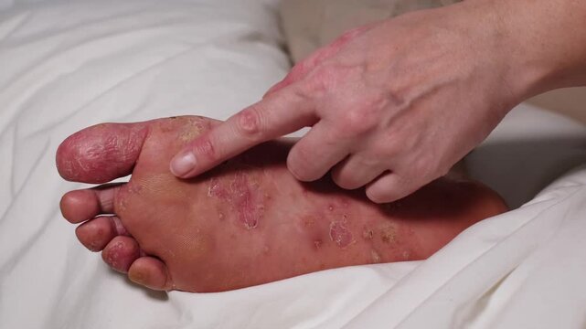 Woman showing her damaged sole. Red wounds on female skin after several confluent blisters of eczema. Acute psoriasis, chemical irritation, allergic reaction, dermatological disease on female foot.