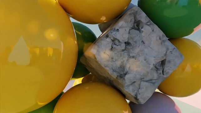 A cube floats among colorful balloons in a lively scene