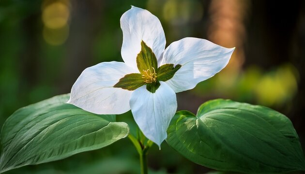 Close Up Of A Delicate White Trillium Flower Blooming In A Forest Setting